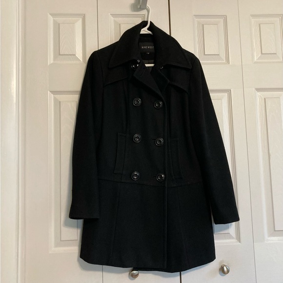 🍀Nine West Wool Double Breasted Black Pea Coat - Picture 1 of 5